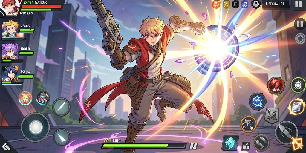 Menampilkan karakter utama dalam aksi seru di game.